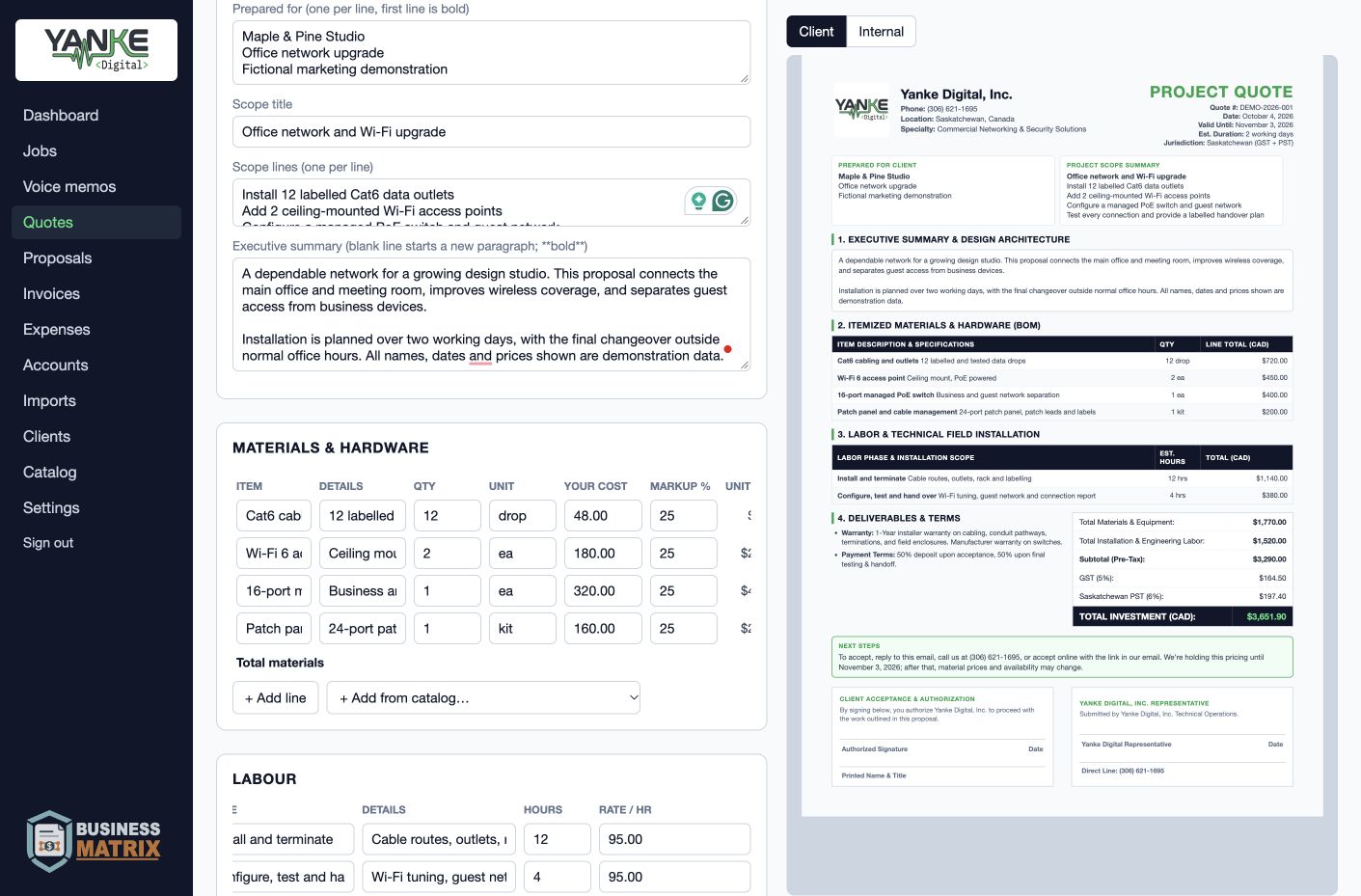Business Matrix quote builder with a client proposal preview